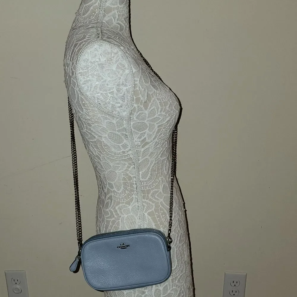 Coach Leather Double Zip Crossbody Purse Handbag w Chain Strap - Pool Blue